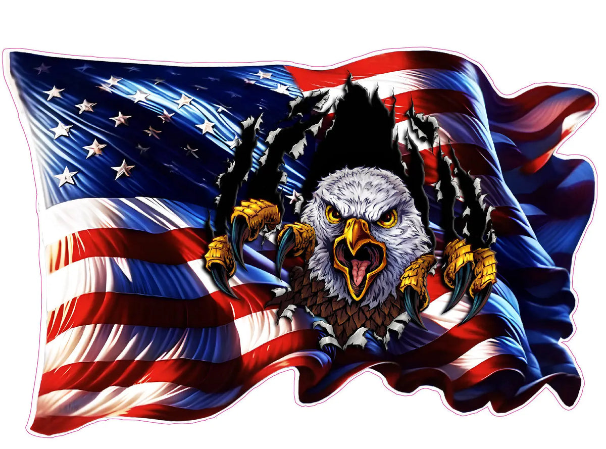 Waving Colorful American Flag Eagle Ripping Through Decal, image size:1200x889
