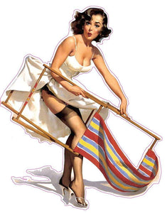 Brunette with Lawn Chair Pin Up Girl Decal - | Nostalgia Decals Online pinup girl decals, vinyl pin up girl stickers, pin up girl graphics for cars