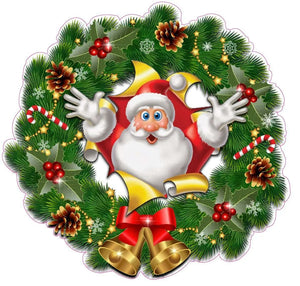 Christmas Wreath with Bells and Santa Busting Thru Window and Wall Decor Decal - 12"x12" | Nostalgia Decals Online vinyl sticker wall decor, wall decoration vinyl decals, vinyl holiday wall stickers, vinyl window stickers for the holidays
