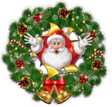 Christmas Wreath with Bells and Santa Busting Thru Window and Wall Decor Decal - 12"x12" | Nostalgia Decals Online vinyl sticker wall decor, wall decoration vinyl decals, vinyl holiday wall stickers, vinyl window stickers for the holidays
