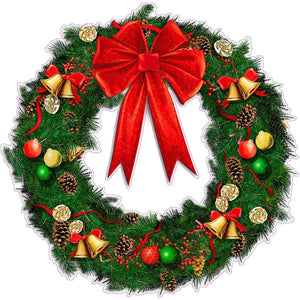 Christmas Wreath with Ribbon and Bells Wall Decor Decal - 12"x12" | Nostalgia Decals Online vinyl sticker wall decor, wall decoration vinyl decals, vinyl holiday wall stickers, vinyl window stickers for the holidays
