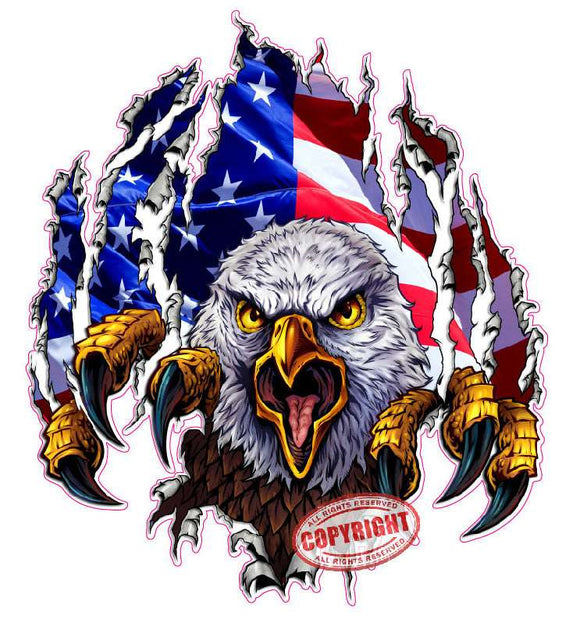 Eagle ripping through American flag background decal sticker