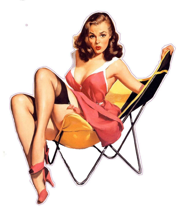 Red Dress Lawn Chair Pin Up Girl Decal - | Nostalgia Decals Online pinup girl decals, vinyl pin up girl stickers, pin up girl graphics for cars