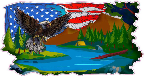 RV Graphics Mountain Lake scene with American flag and Eagle decal
