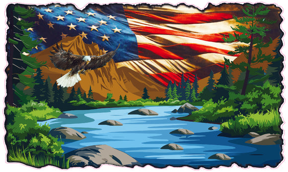 RV Camper Graphics Mountain Lake Scene with American Flag and Soaring Eagle Decal