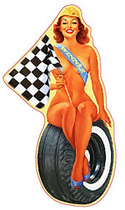 Checkered Flag Pin Up Girl Decal - | Nostalgia Decals Online pinup girl decals, vinyl pin up girl stickers, pin up girl graphics for cars
