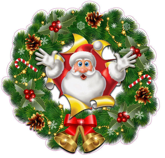 Christmas Wreath with Bells and Santa Busting Thru Window and Wall Decor Decal - 12