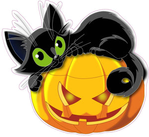 Halloween Pumpkin with Black Cat Wall or Window Decor Decal - 12"x11" | Nostalgia Decals Online vinyl sticker wall decor, wall decoration vinyl decals, vinyl holiday wall stickers, vinyl window stickers for the holidays