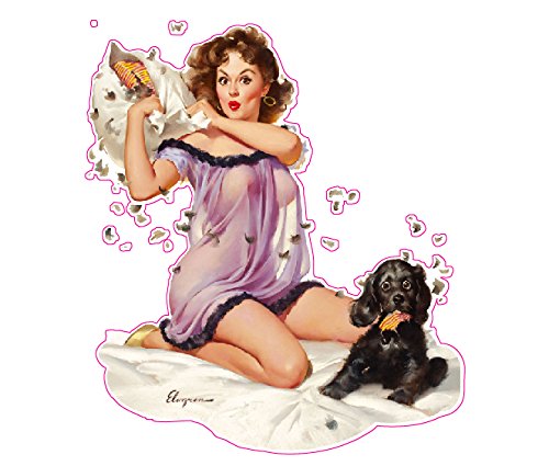 Pillow Fight with Puppy Pin Up Girl Decal - | Nostalgia Decals Online pinup girl decals, vinyl pin up girl stickers, pin up girl graphics for cars