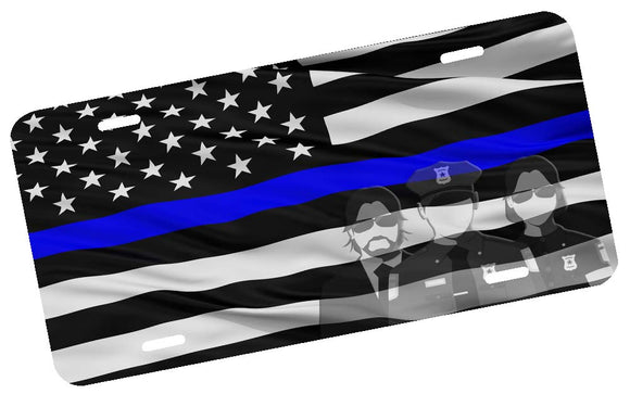 Thin Blue Line Waving American Flag License Plate
